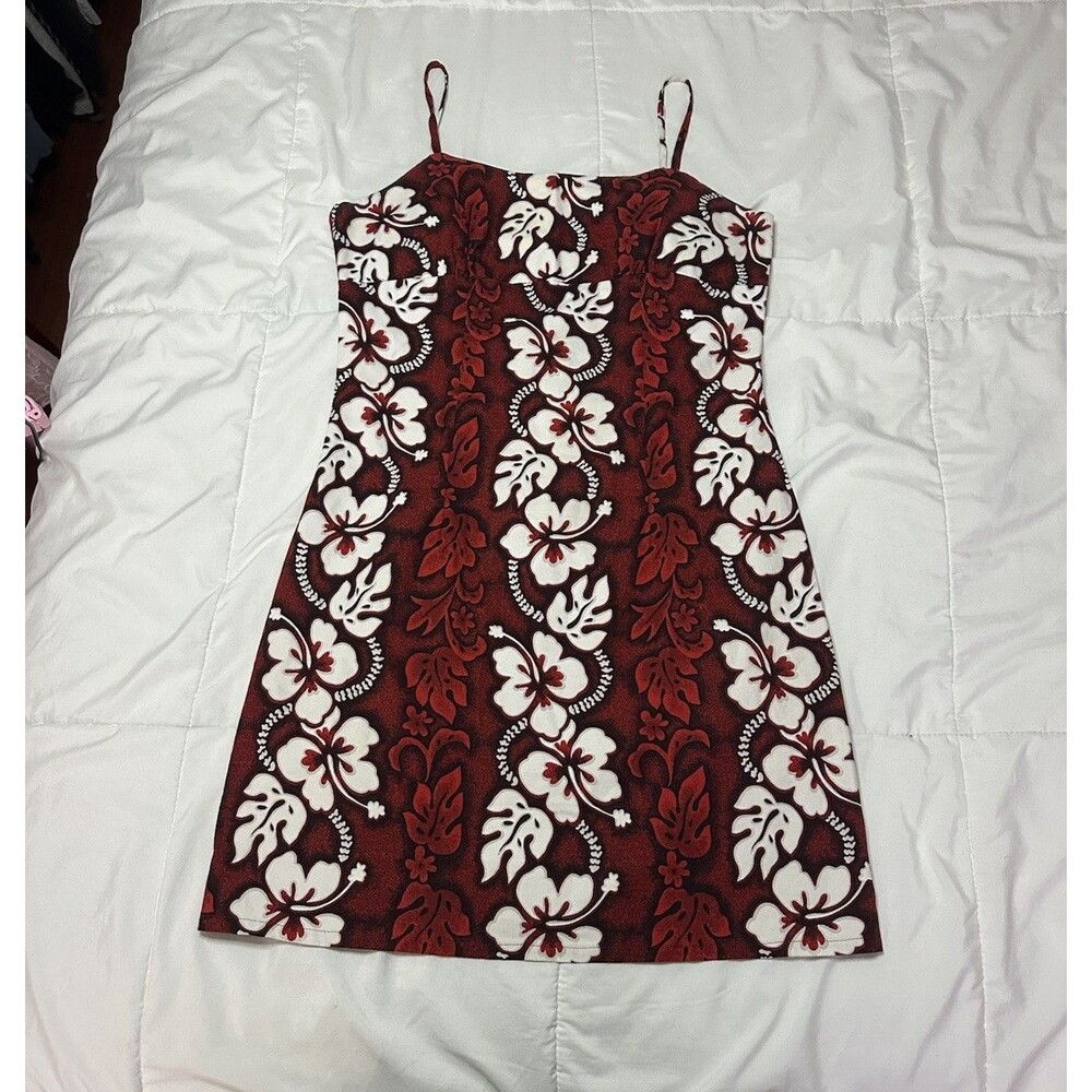 VTG 90s KY’S Bodycon Hawaiian Dress Mini Fitted L Womens Cotton Red Floral USA